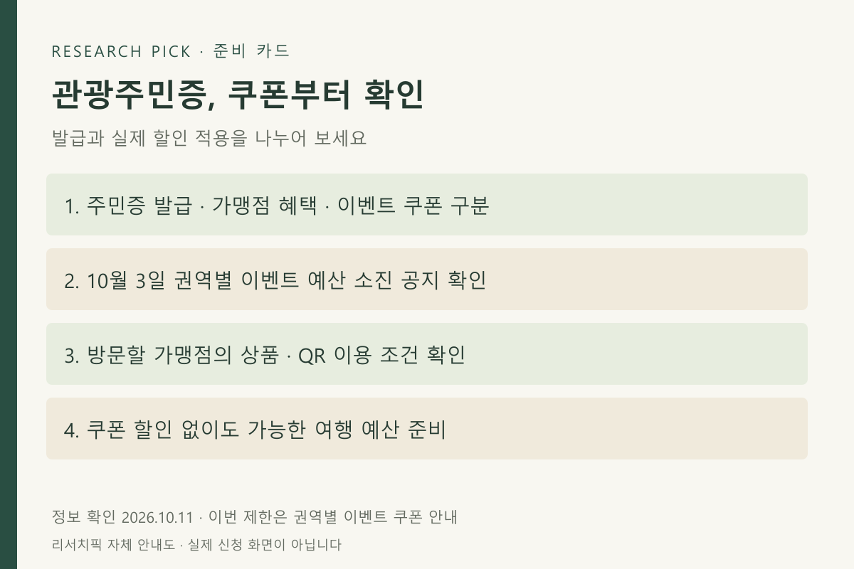 관광주민증 발급 여부, 가맹점 조건, 최신 이벤트 공지, 할인 없이도 가능한 예산을 확인하는 네 가지 준비 항목