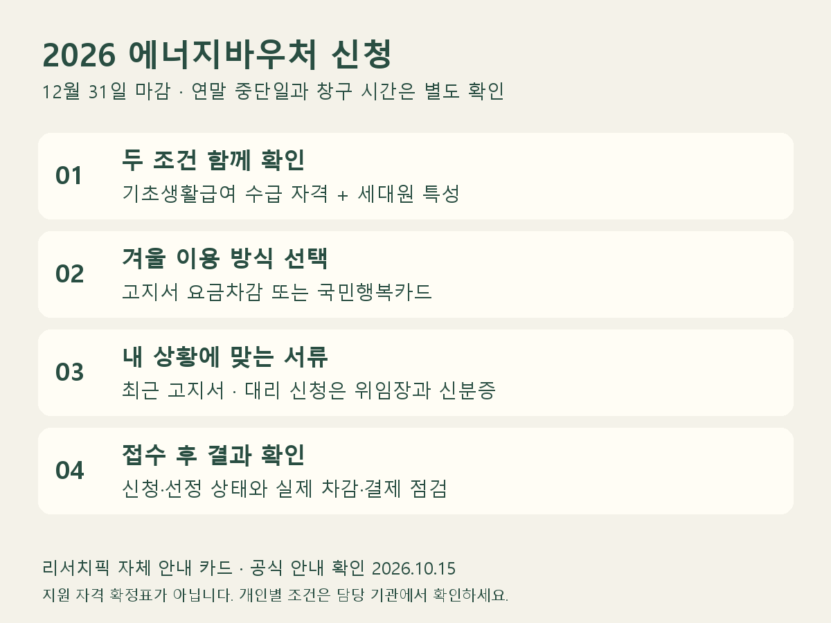 에너지바우처 신청 전 대상, 이용 방식, 최근 고지서, 접수 결과를 확인하는 안내 카드